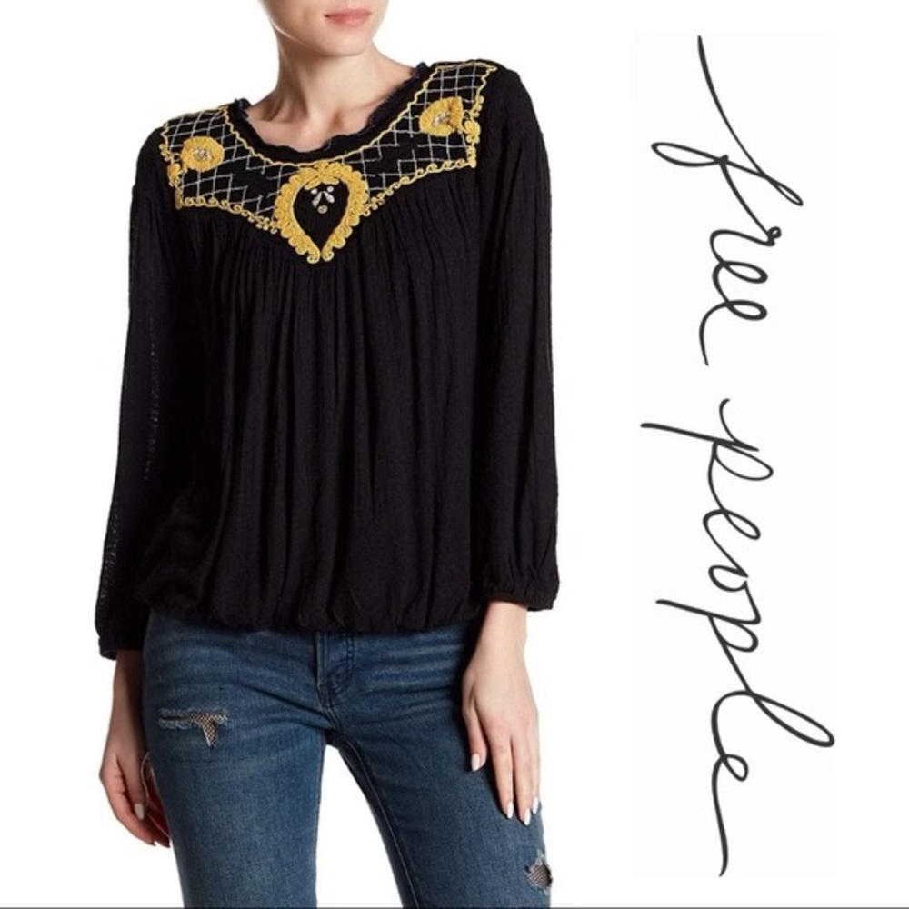 Free People Begonia Black Embroidered Top, S